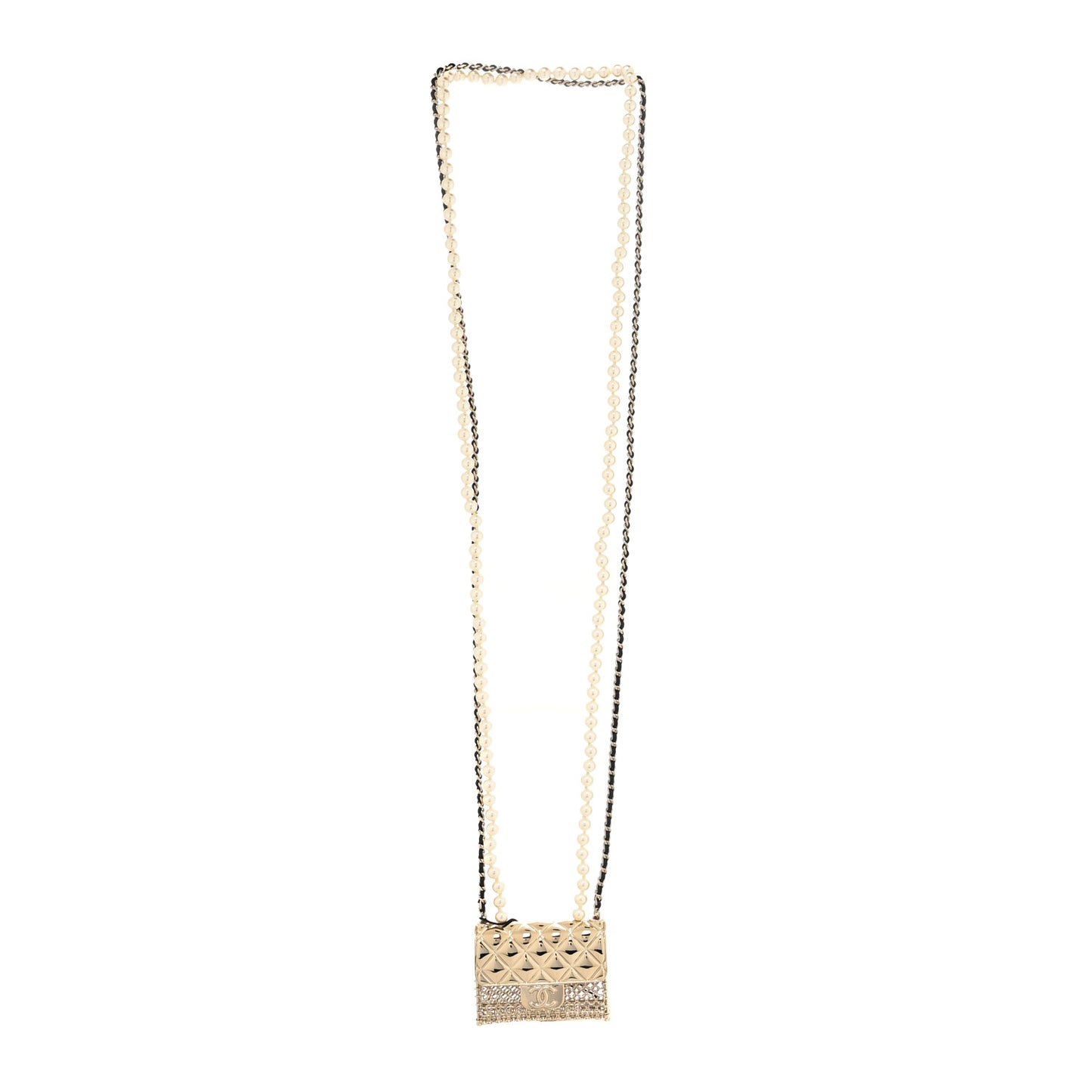 Metal Lambskin Pearl Chain Flap Bag Long Necklace Gold Black Pearly White