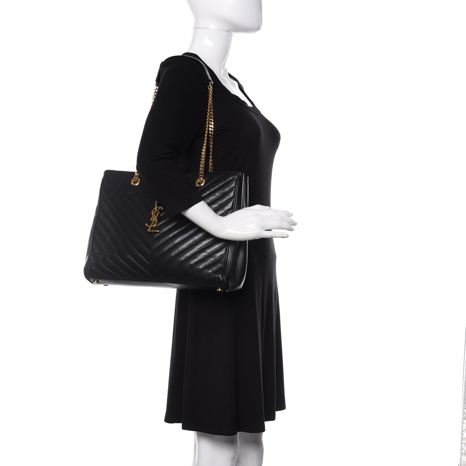 Saint Laurent Lambskin Matelasse Chevron Monogram Shopping Bag Black 2 of 9
