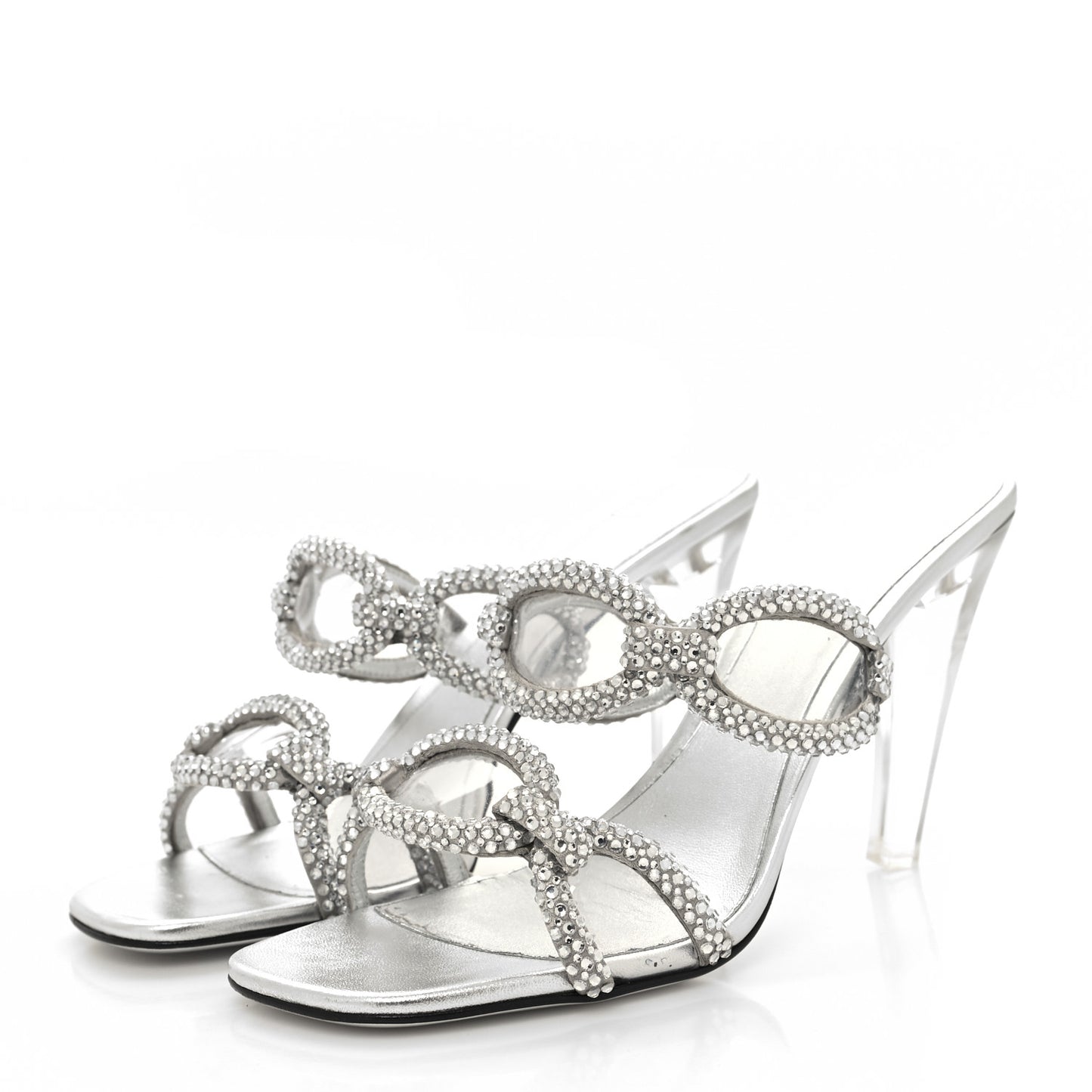 Metallic Nappa PVC Crystal Embellished Chain 1967 100mm Sandals 40.5 Silver