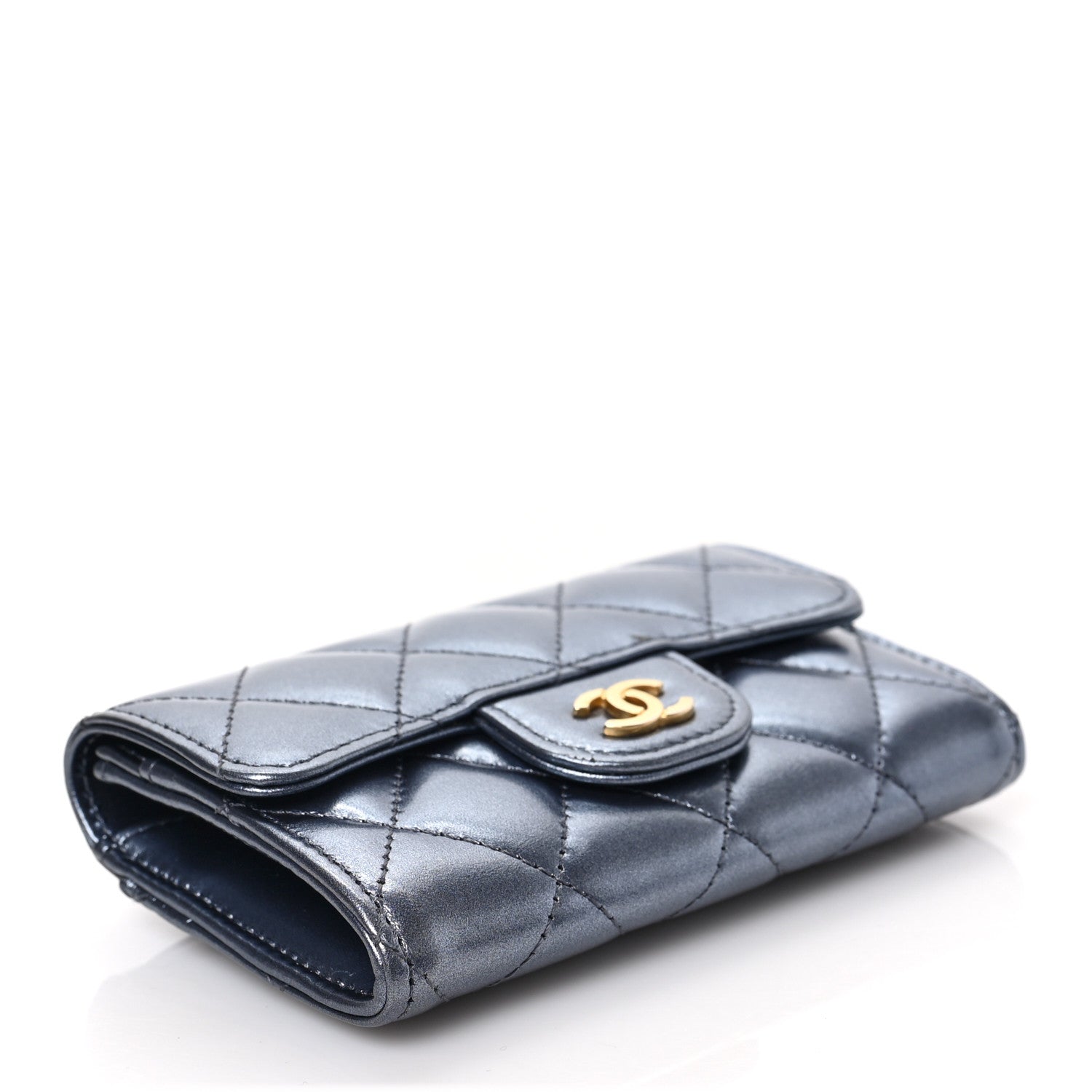 Chanel Metallic Lambskin Quilted Flap Card Holder Wallet Dark Blue 4 of 7
