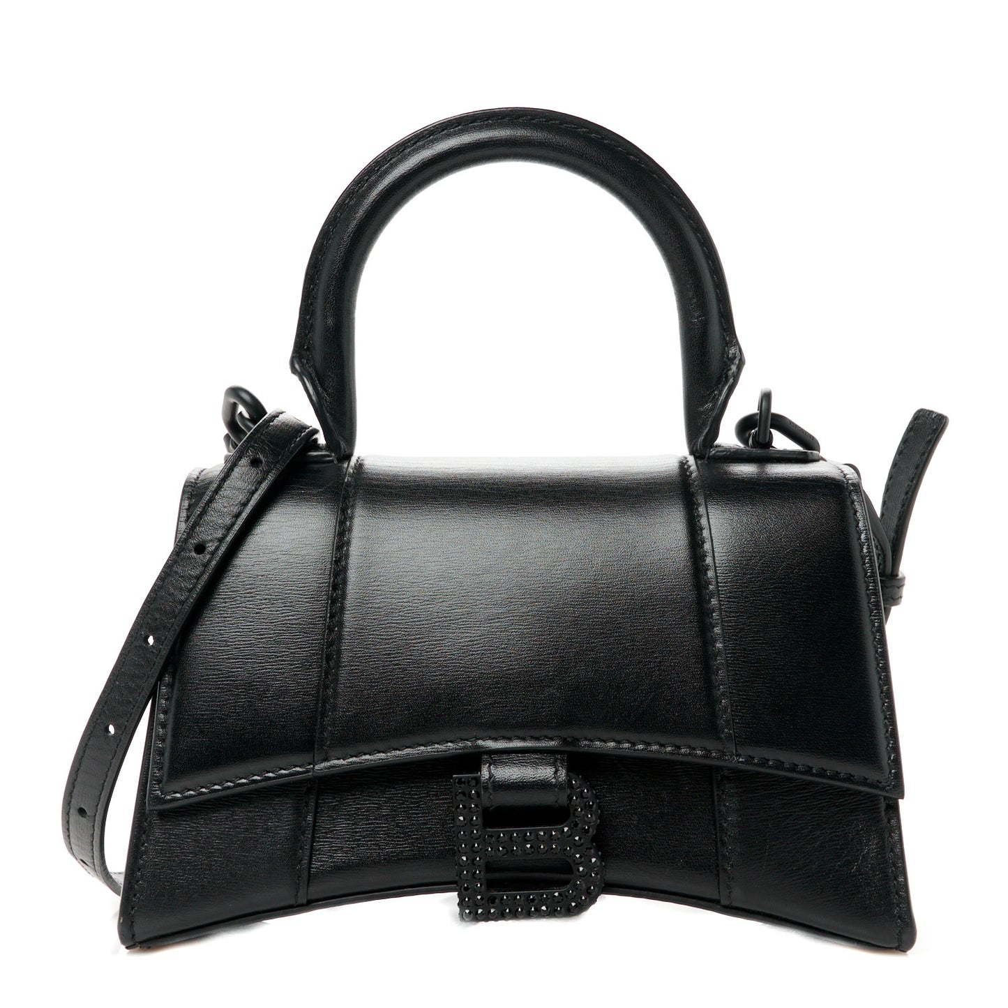 Shiny Box Calfskin Strass Hourglass Top Handle Bag XS Black