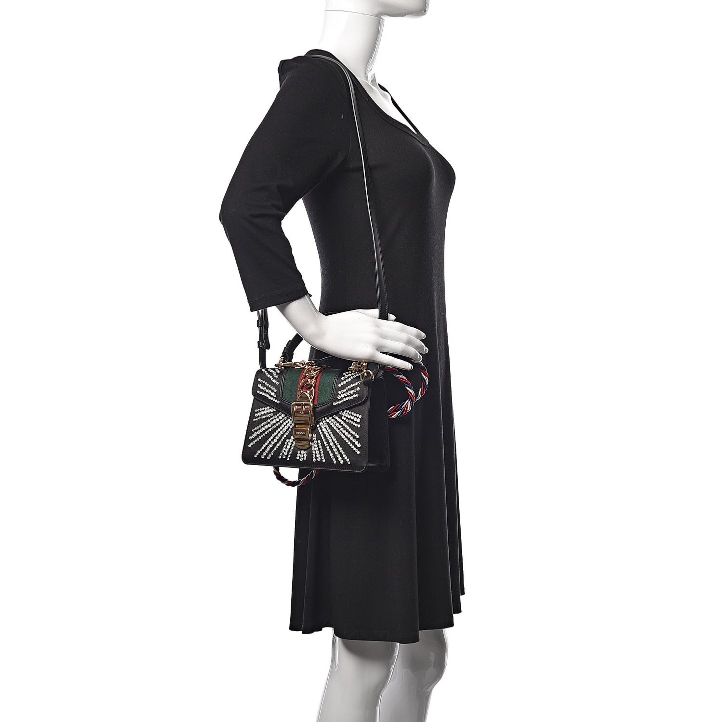 Satin Crystal Mini Sylvie Top Handle Bag Black