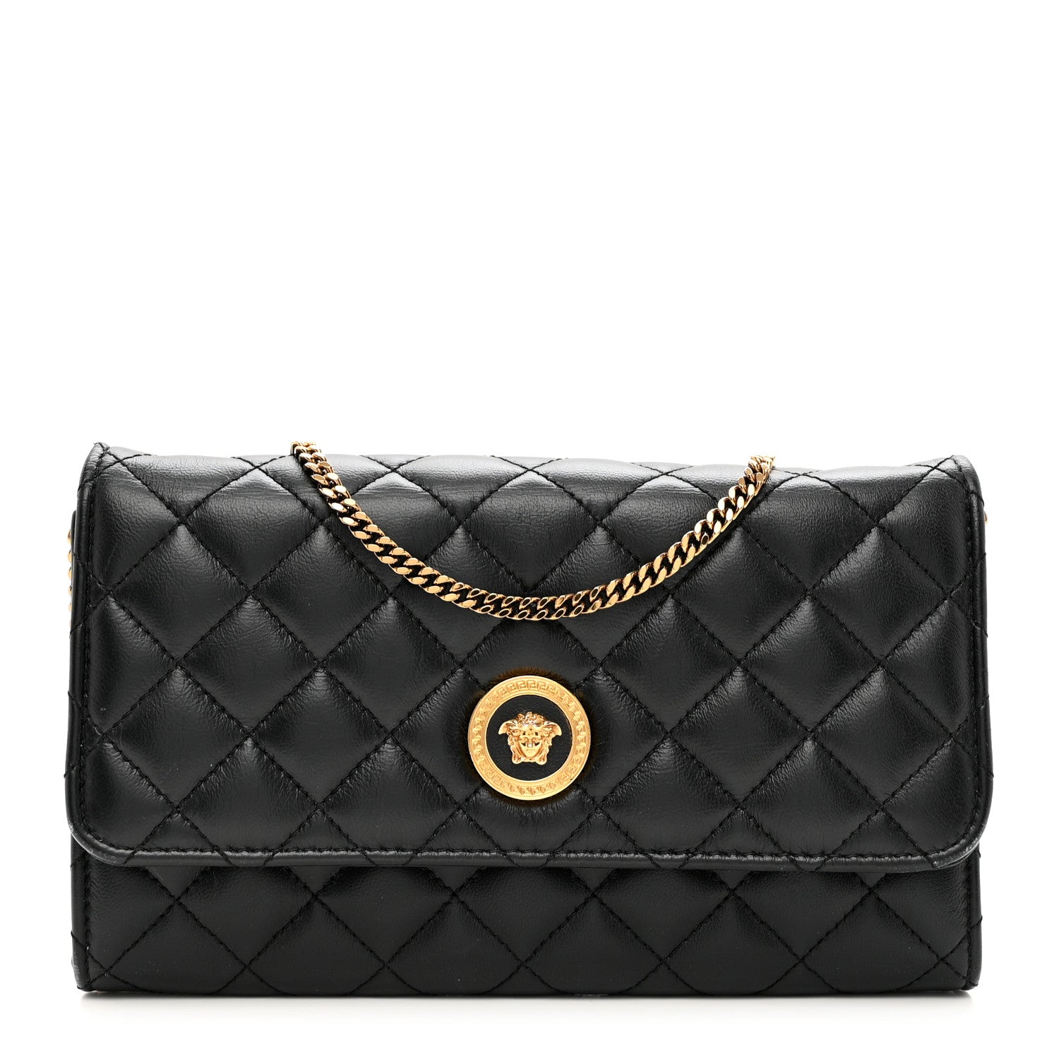 Versace Lambskin Quilted Medusa Wallet On Chain Crossbody Black 1 of 8