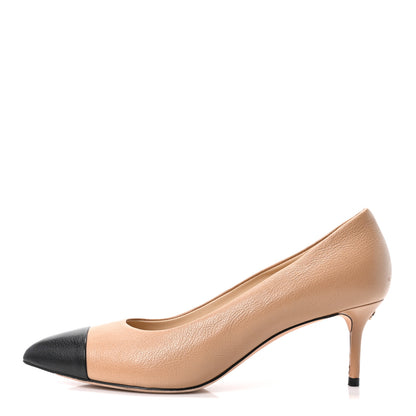 Chanel Grained Calfskin Cap Toe Pumps 38.5 Beige Black 1 of 9