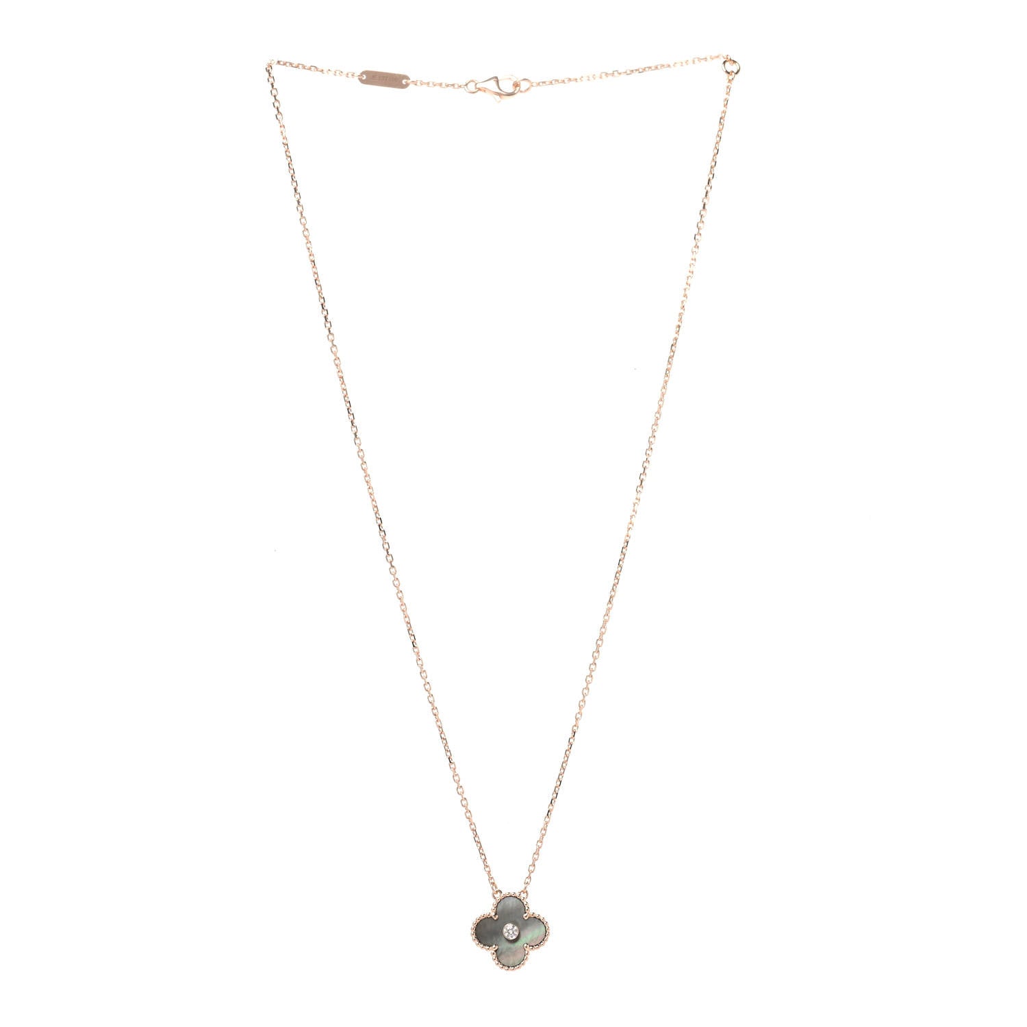 Van Cleef & Arpels 18K Rose Gold Diamond Grey Mother of Pearl Vintage Alhambra Pendant Necklace 3 of 6