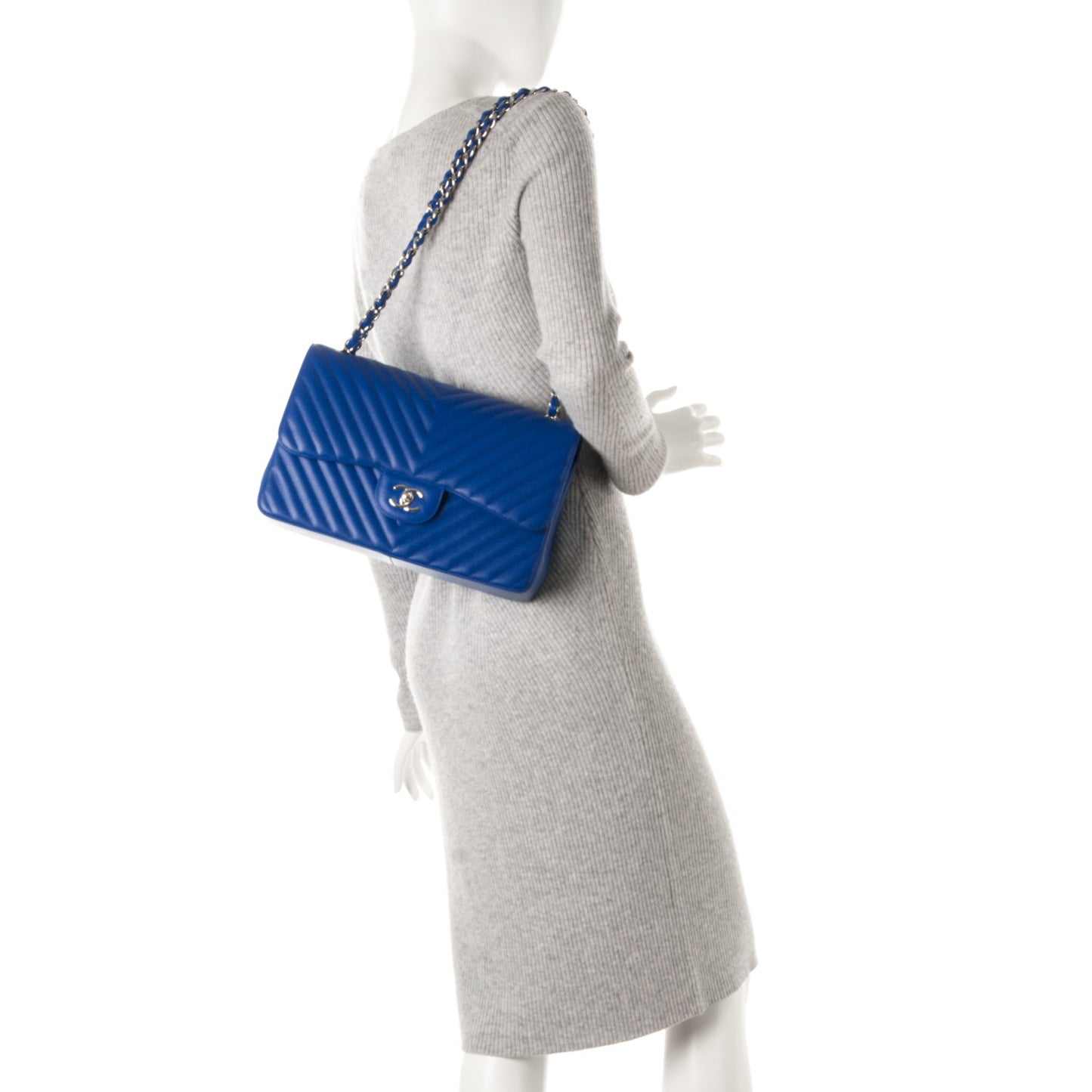 Caviar Chevron Quilted Jumbo Double Flap Bright Blue