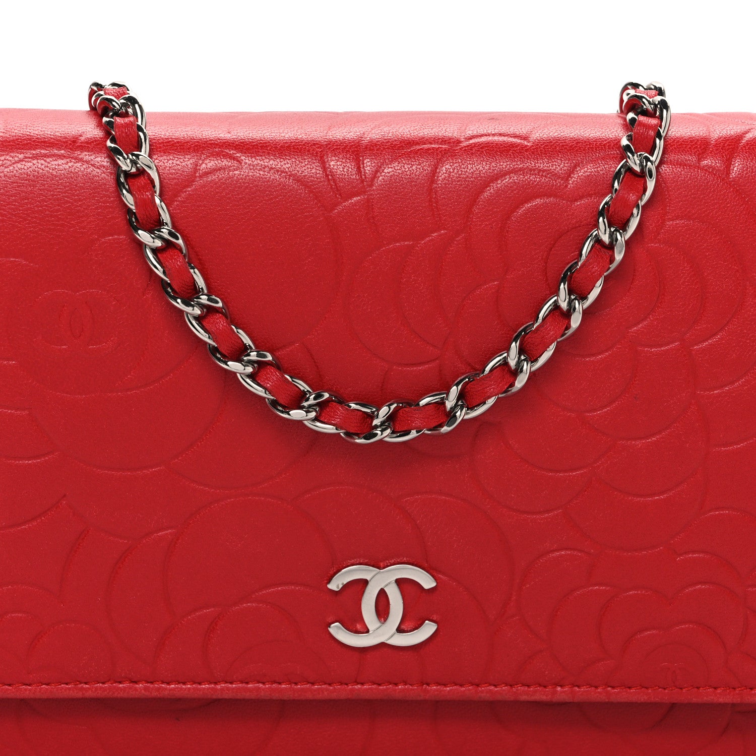 Chanel Lambskin Camellia Embossed Wallet on Chain WOC Red 9 of 12