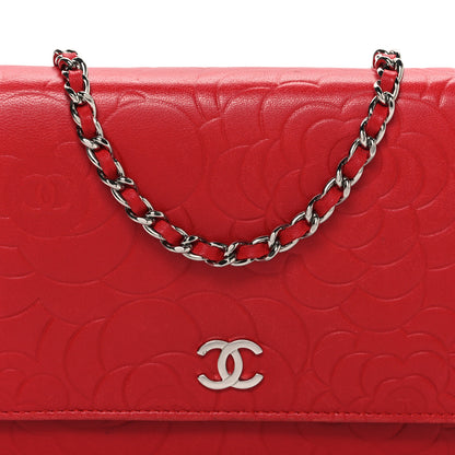Chanel Lambskin Camellia Embossed Wallet on Chain WOC Red 9 of 12