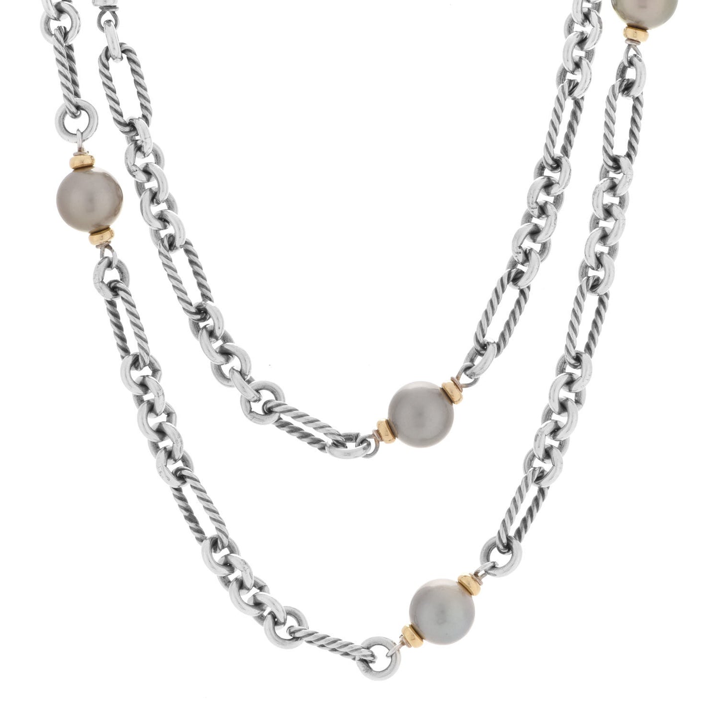 Sterling Silver 18K Yellow Gold Tahitian Pearl Long Figaro Chain Necklace