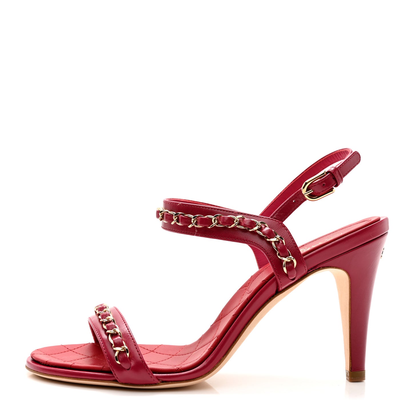 Crumpled Calfskin Quilted Chain Strap Sandals 37.5 Red