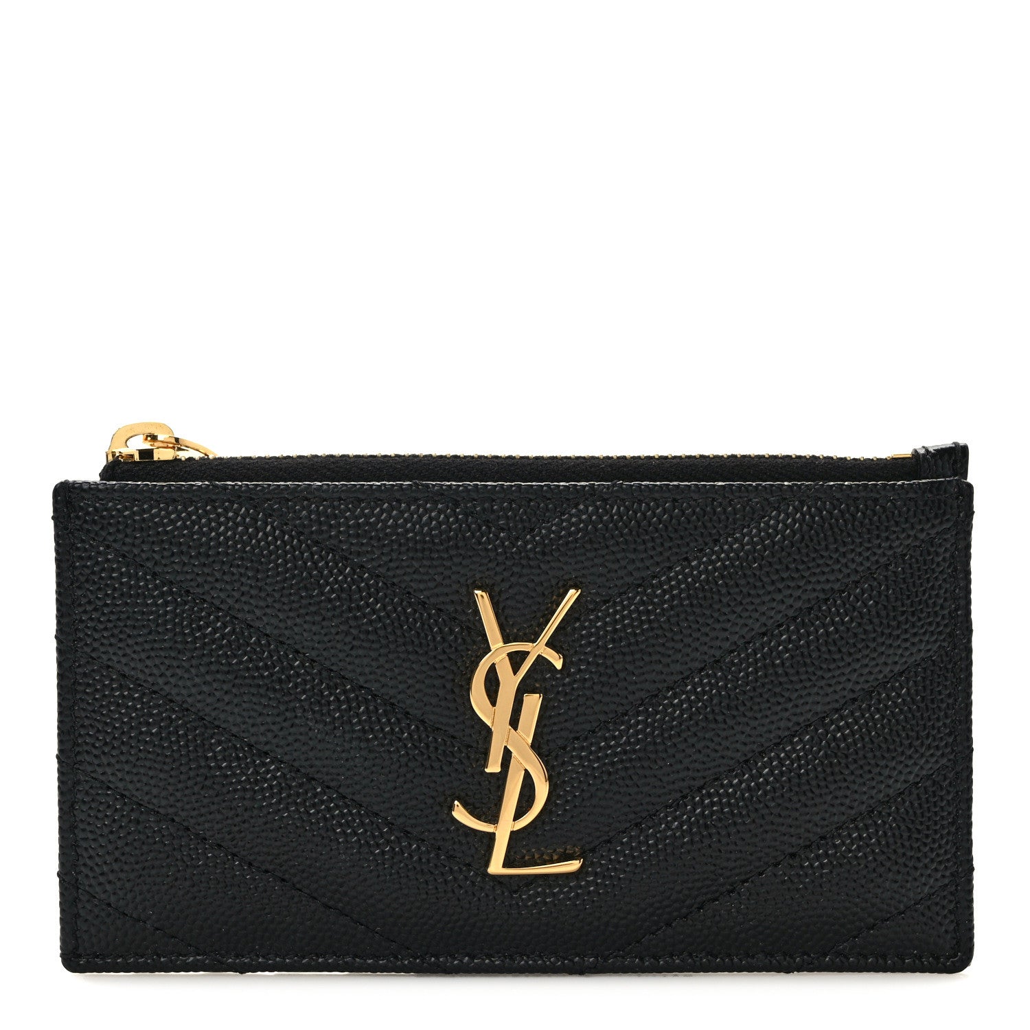 Saint Laurent Grain De Poudre Matelasse Chevron Monogram Fragments Zippered Card Case Black 1 of 8
