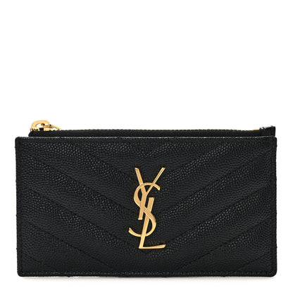 Saint Laurent Grain De Poudre Matelasse Chevron Monogram Fragments Zippered Card Case Black 1 of 8