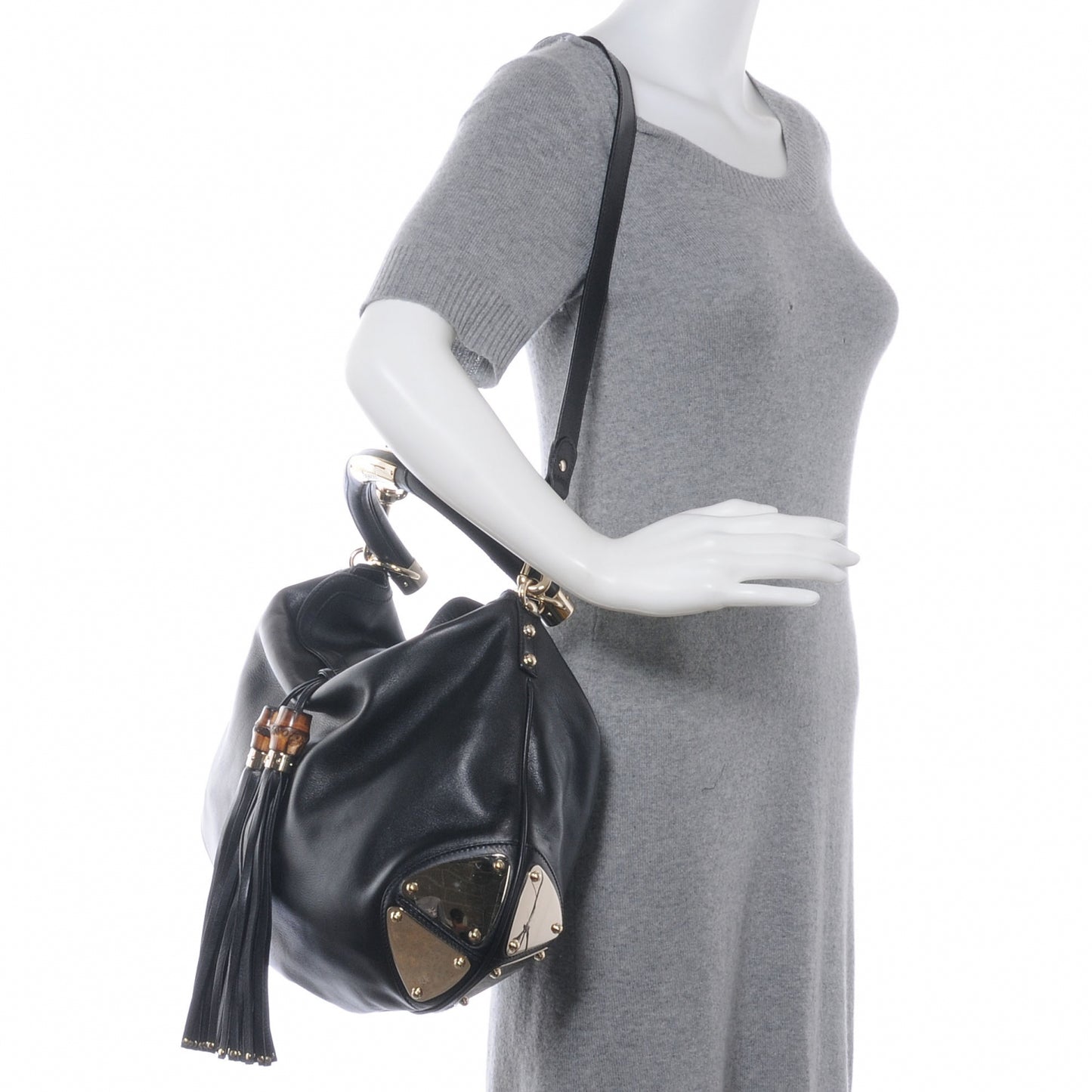 Leather Large Indy Top Handle Tassel Hobo Black
