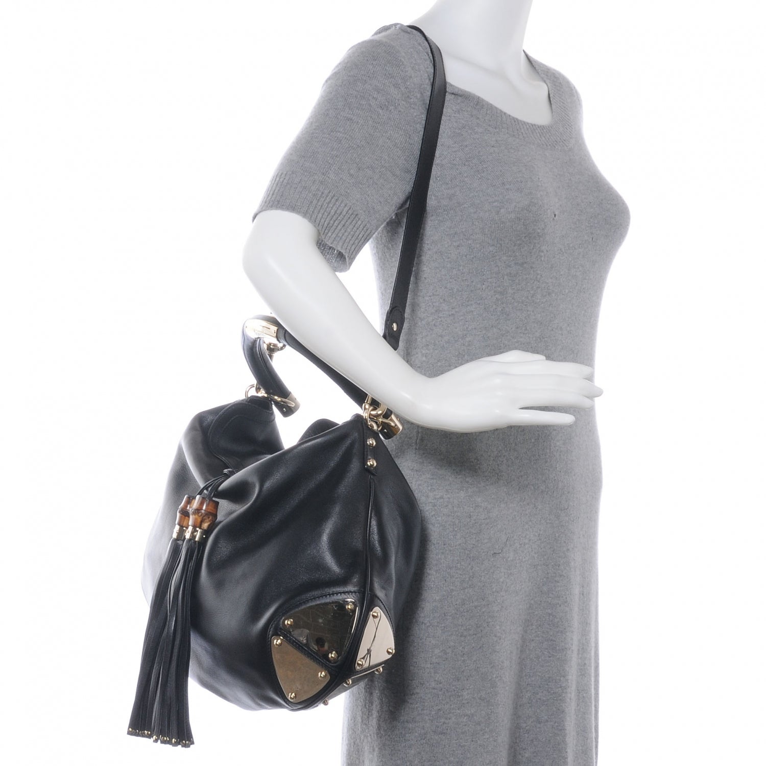 Gucci Leather Large Indy Top Handle Tassel Hobo Black 2 of 8