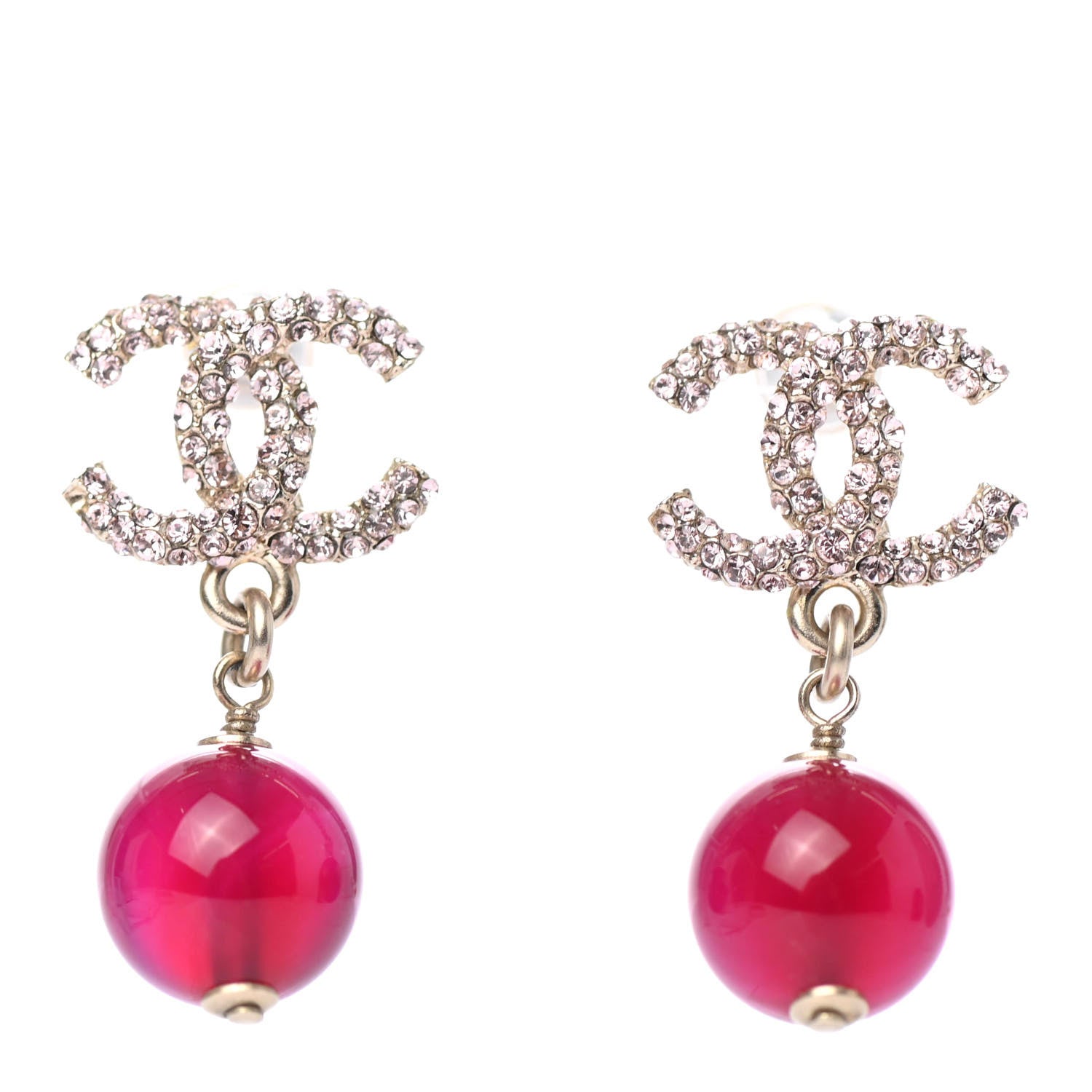 Chanel Crystal Bead CC Drop Earrings Pink Silver 1 of 4