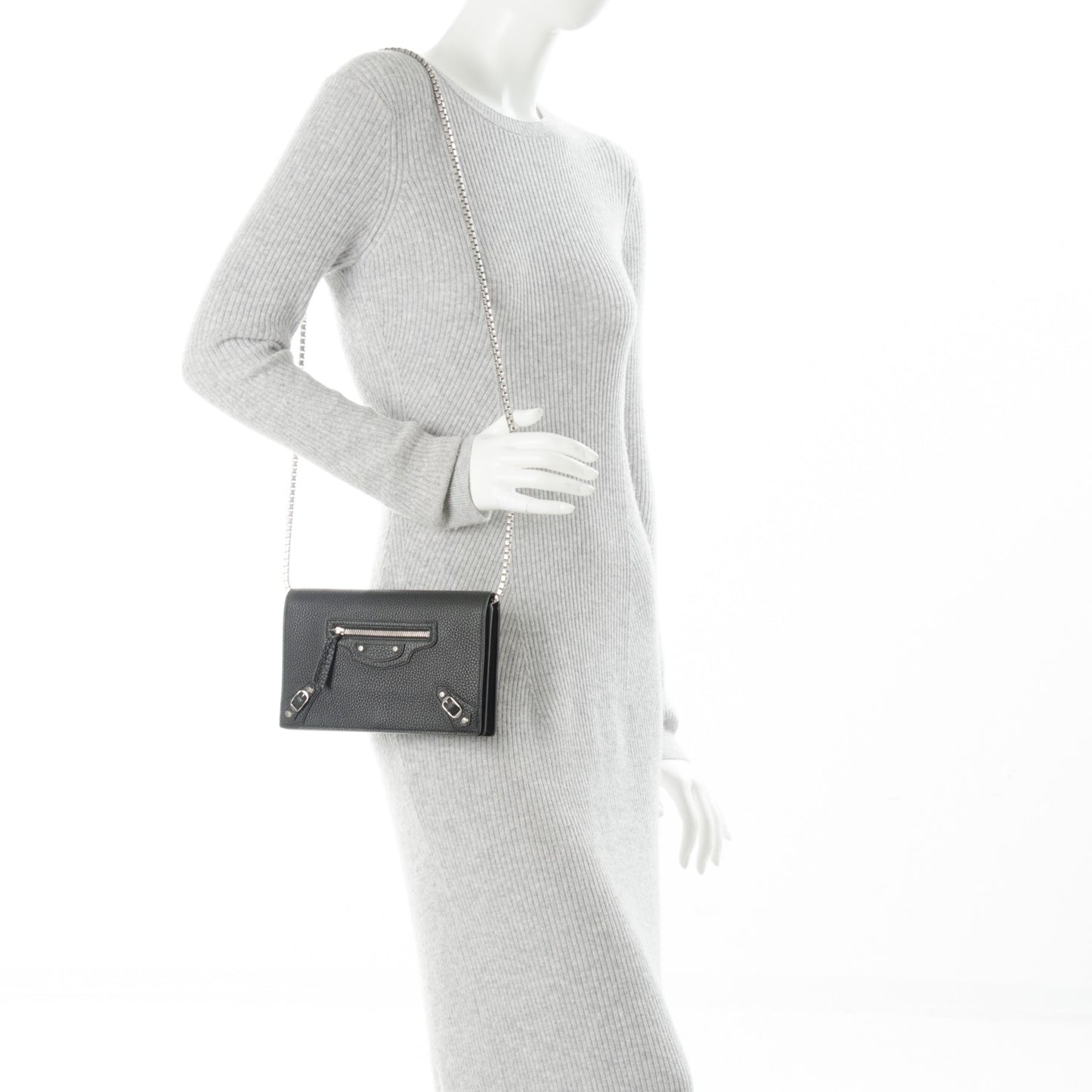 Grained Calfskin Classic Silver Hardware Wallet on Chain Black