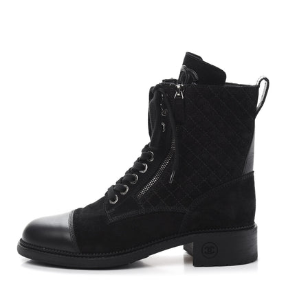 Chanel Suede Quilted CC Lace Up Combat Boots 41 Black 1 of 8