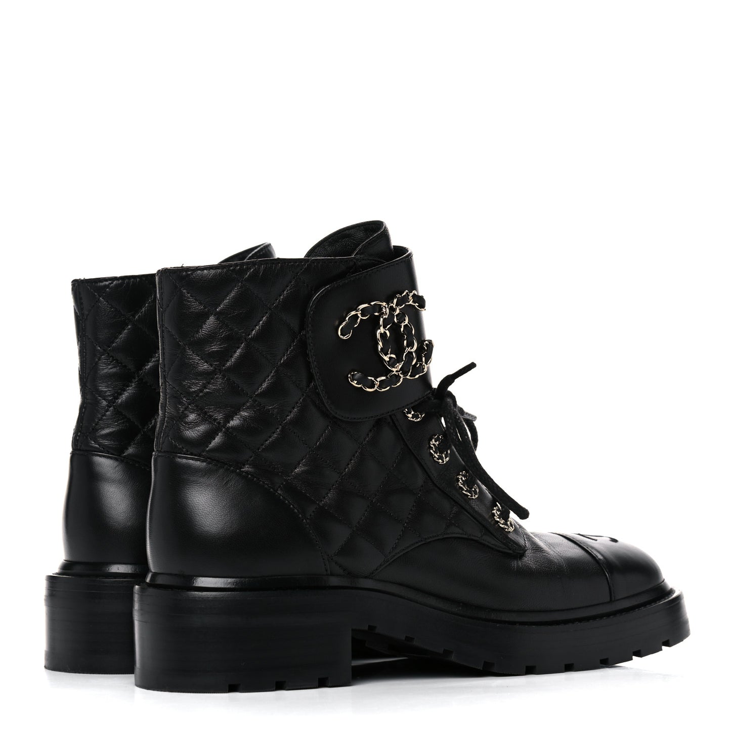 Shiny Lambskin Quilted Lace Up Combat Boots 38.5 Black