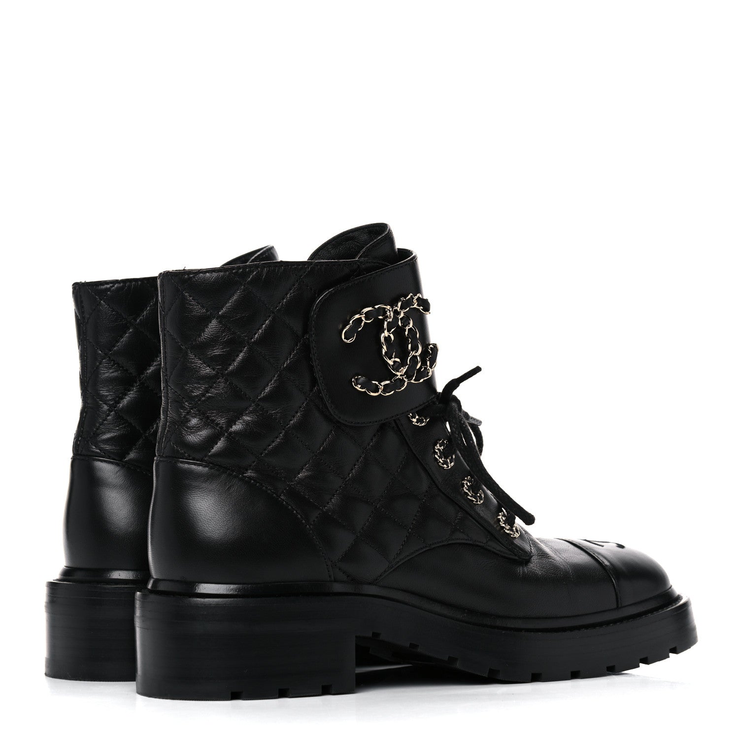 Chanel Shiny Lambskin Quilted Lace Up Combat Boots 38.5 Black 4 of 10