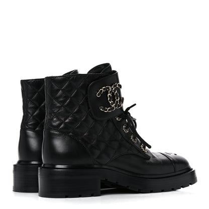 Chanel Shiny Lambskin Quilted Lace Up Combat Boots 38.5 Black 4 of 10