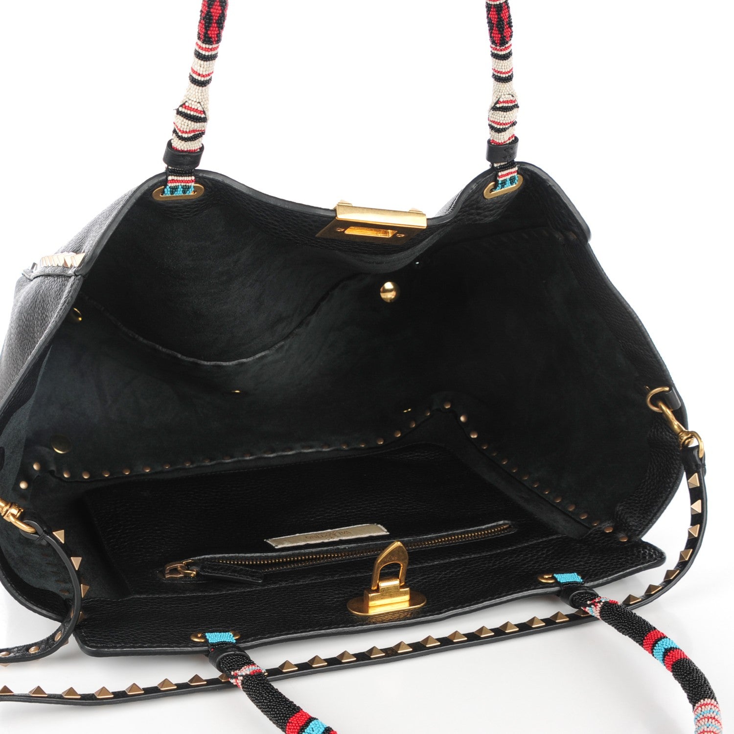 Valentino Garavani Pebbled Calfskin Beaded Medium Rockstud Tote Black 7 of 8