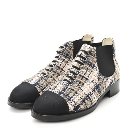 Chanel Tweed Calfskin Pearl Combat Short Boots 36 Beige Pink Black 4 of 10