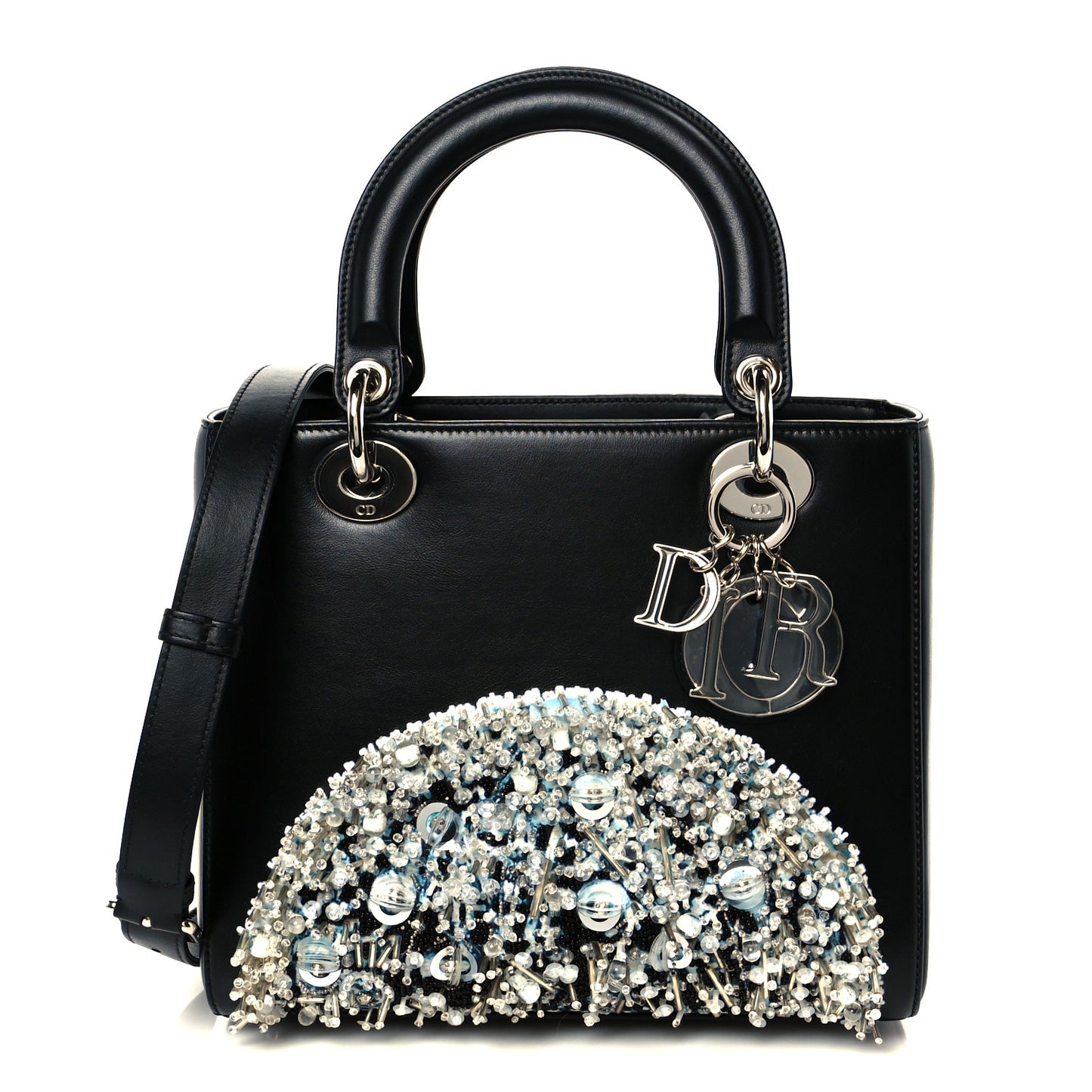 X WANG YUANG Calfskin Bead Embroidered Glow in the Dark Medium Lady Dior Art Black Multicolor