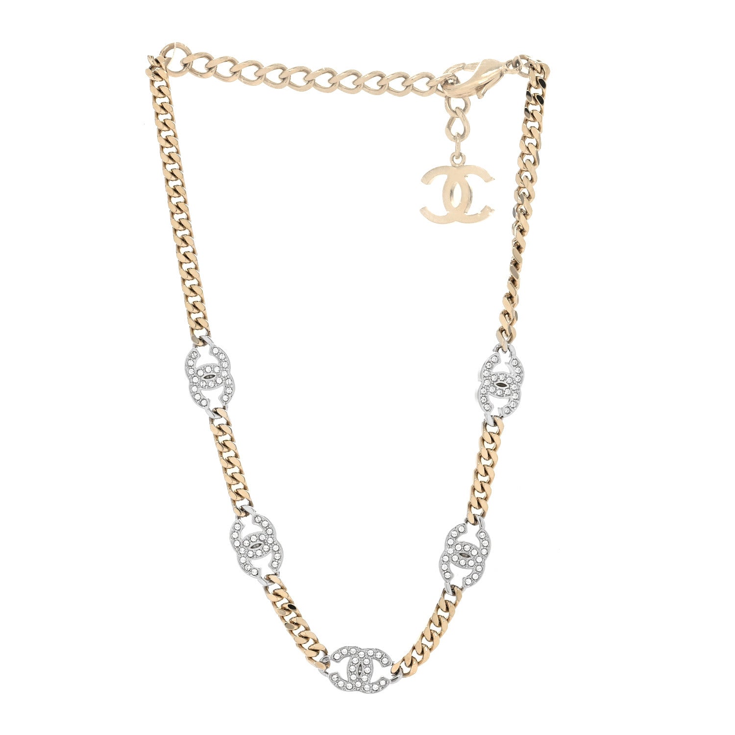 Chanel Crystal Chain CC Link Choker Gold Silver 3 of 5