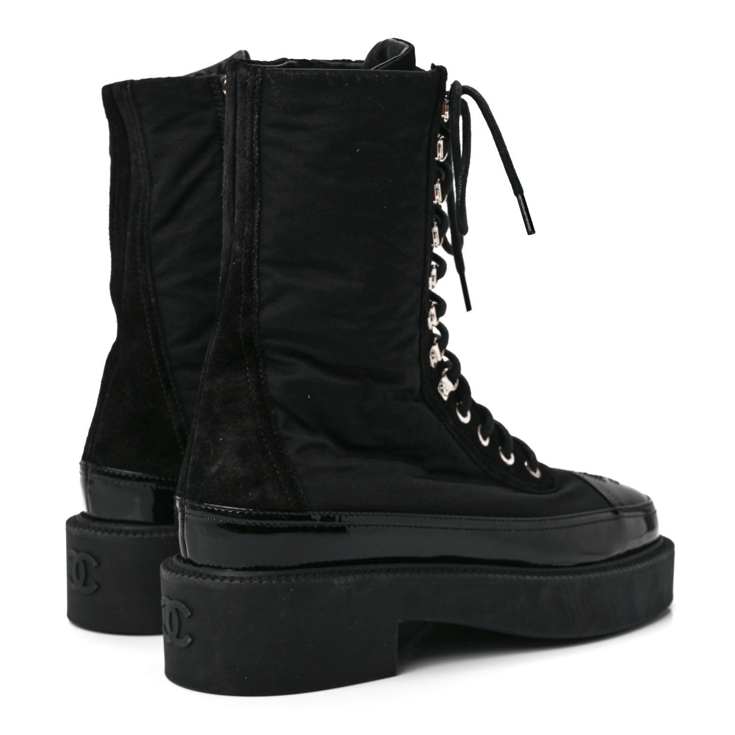 Chanel Nylon Suede Patent Calfskin Womens CC Lace Up Boots 37 Black 4 of 8