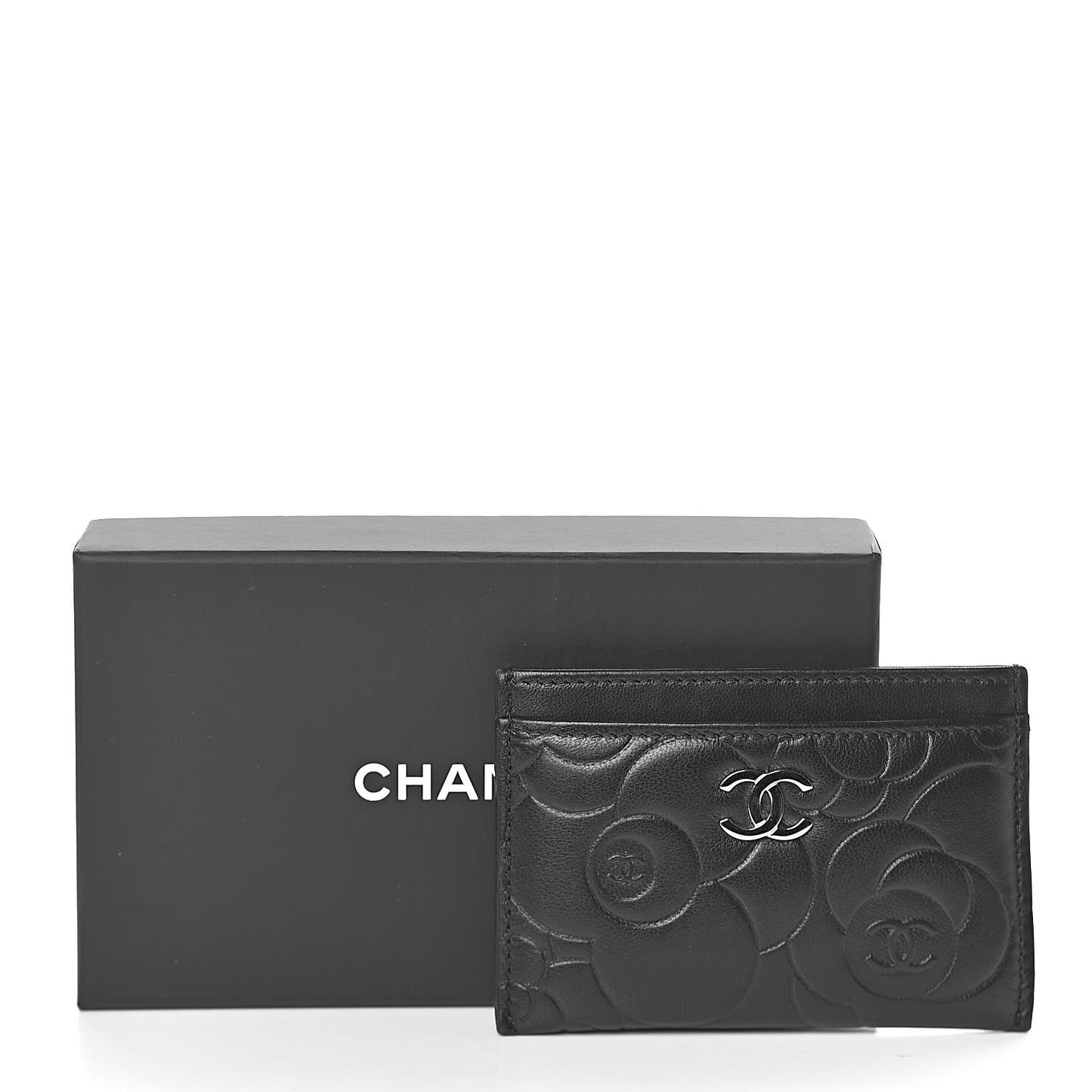 Lambskin Camellia Embossed Card Holder Black