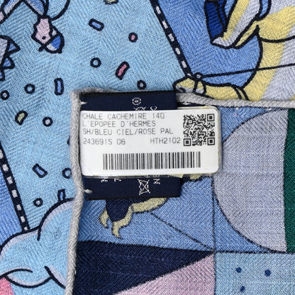 Hermes Cashmere Silk L'Epopee D'Hermes Shawl 140 Bleu Ciel Rose Pale Jaune 7 of 9