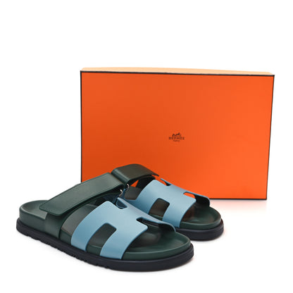 Hermes Calfskin Womens Chypre Sandals 38 Bleu Citadin Vert Bouteille 9 of 9
