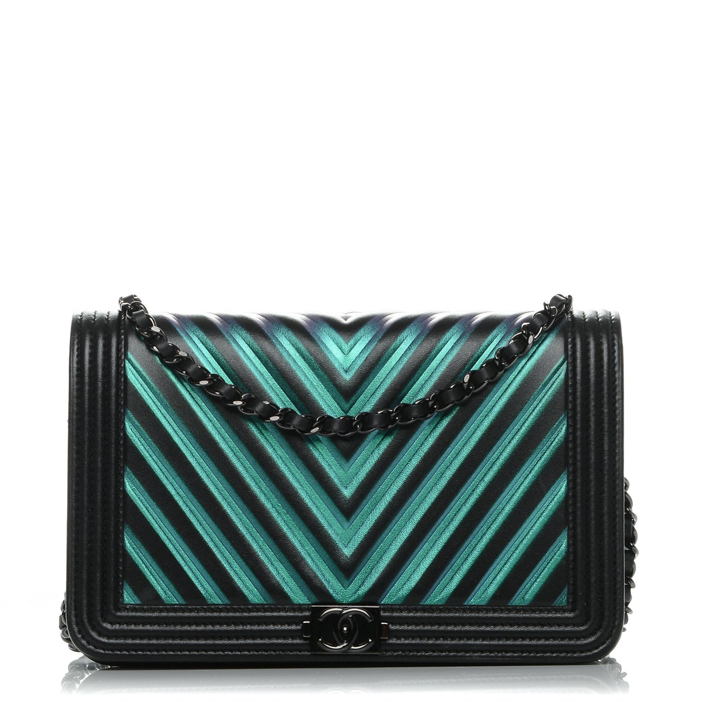 Calfskin Painted Chevron Embossed Boy Wallet On Chain WOC Black