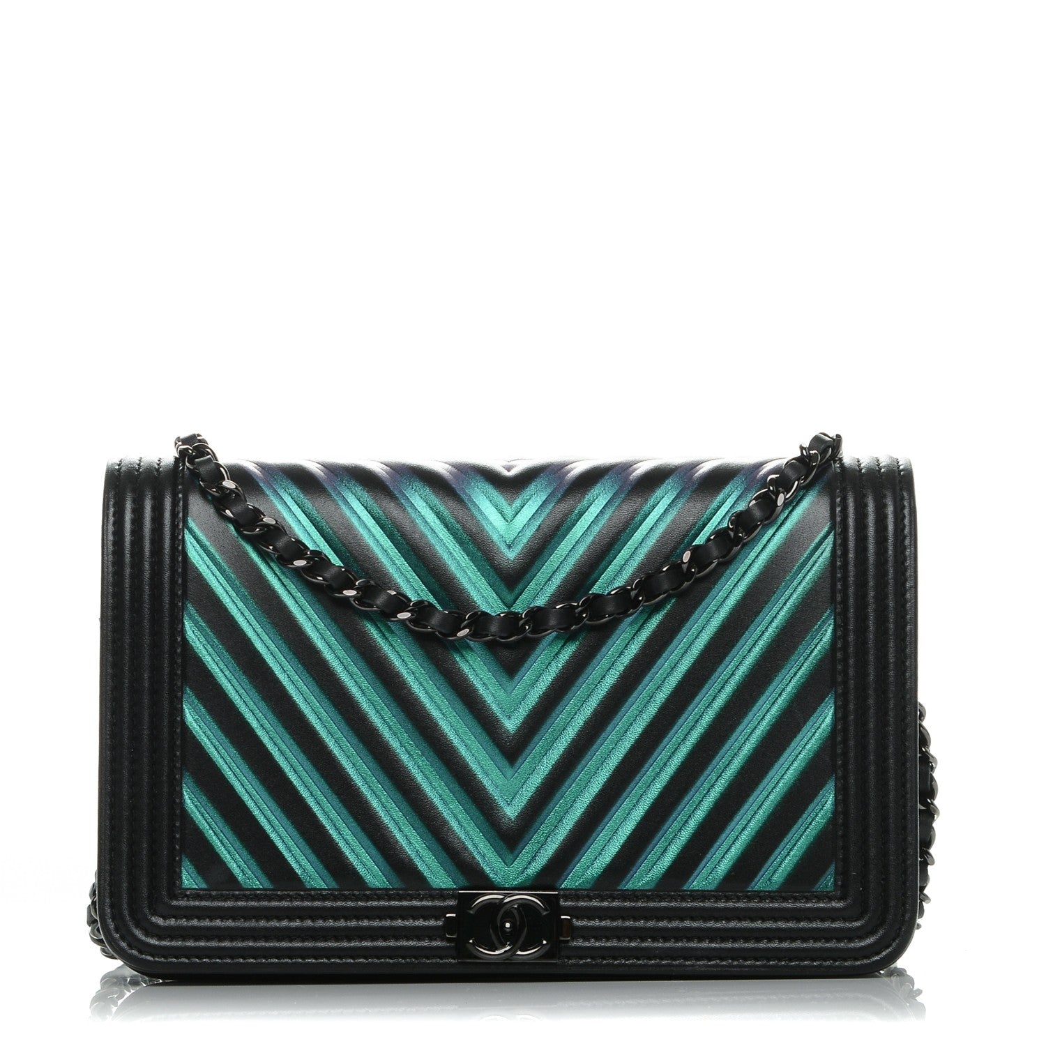 Chanel Calfskin Painted Chevron Embossed Boy Wallet On Chain WOC Black 1 of 8
