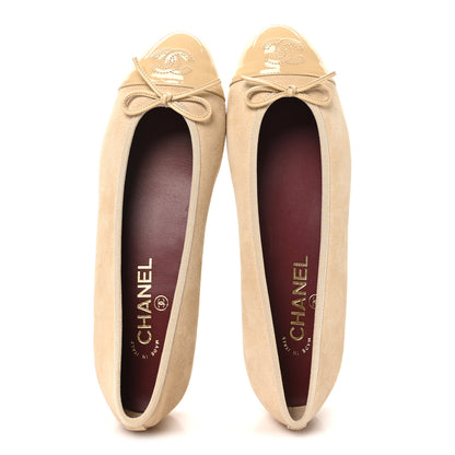 Chanel Suede Patent Calfskin Cap Toe CC Ballerina Flats 39.5 Beige 2 of 9