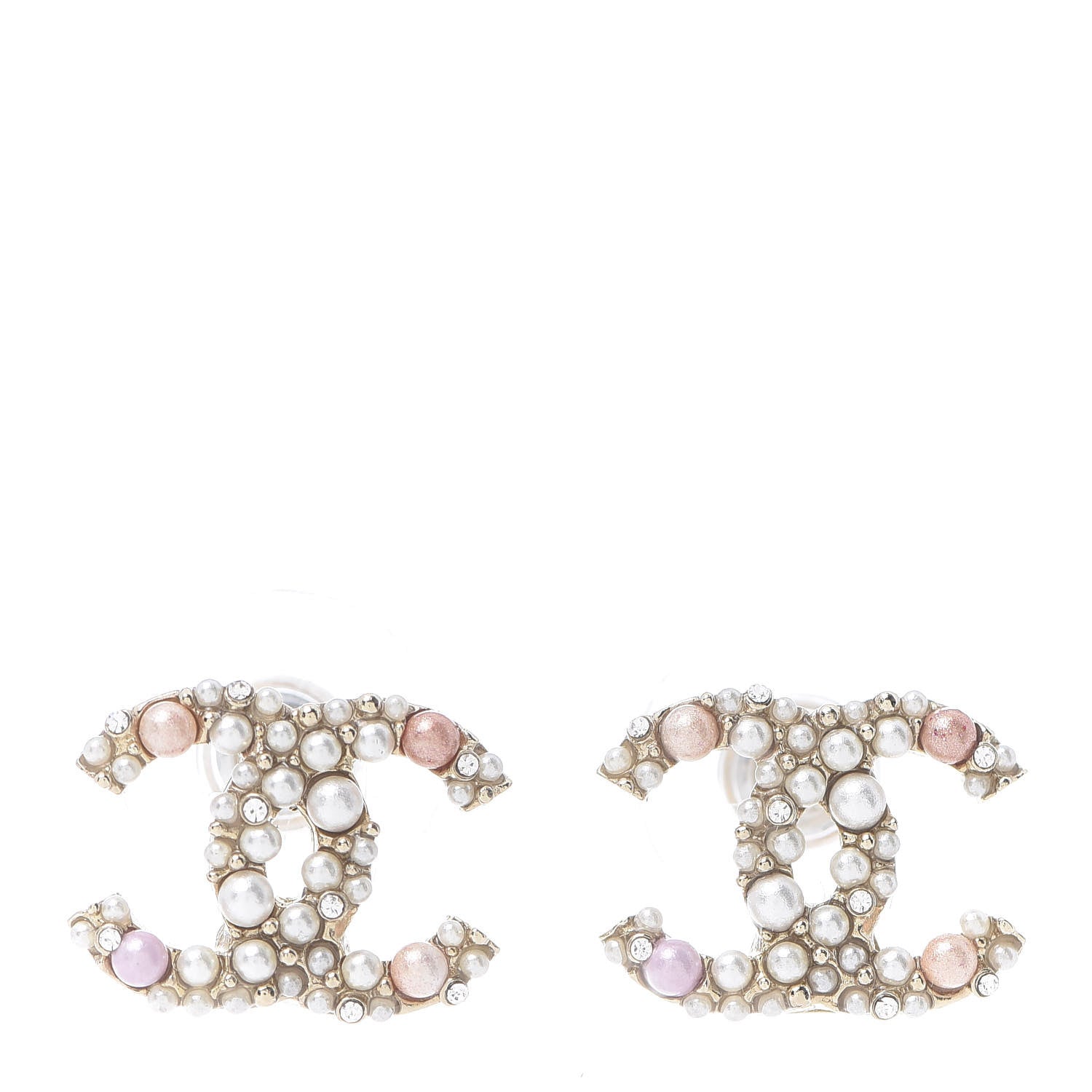 Chanel Pearl Crystal CC Charms Stud Earrings Light Gold Pink 1 of 4