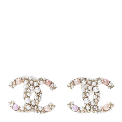 Chanel Pearl Crystal CC Charms Stud Earrings Light Gold Pink 1 of 4