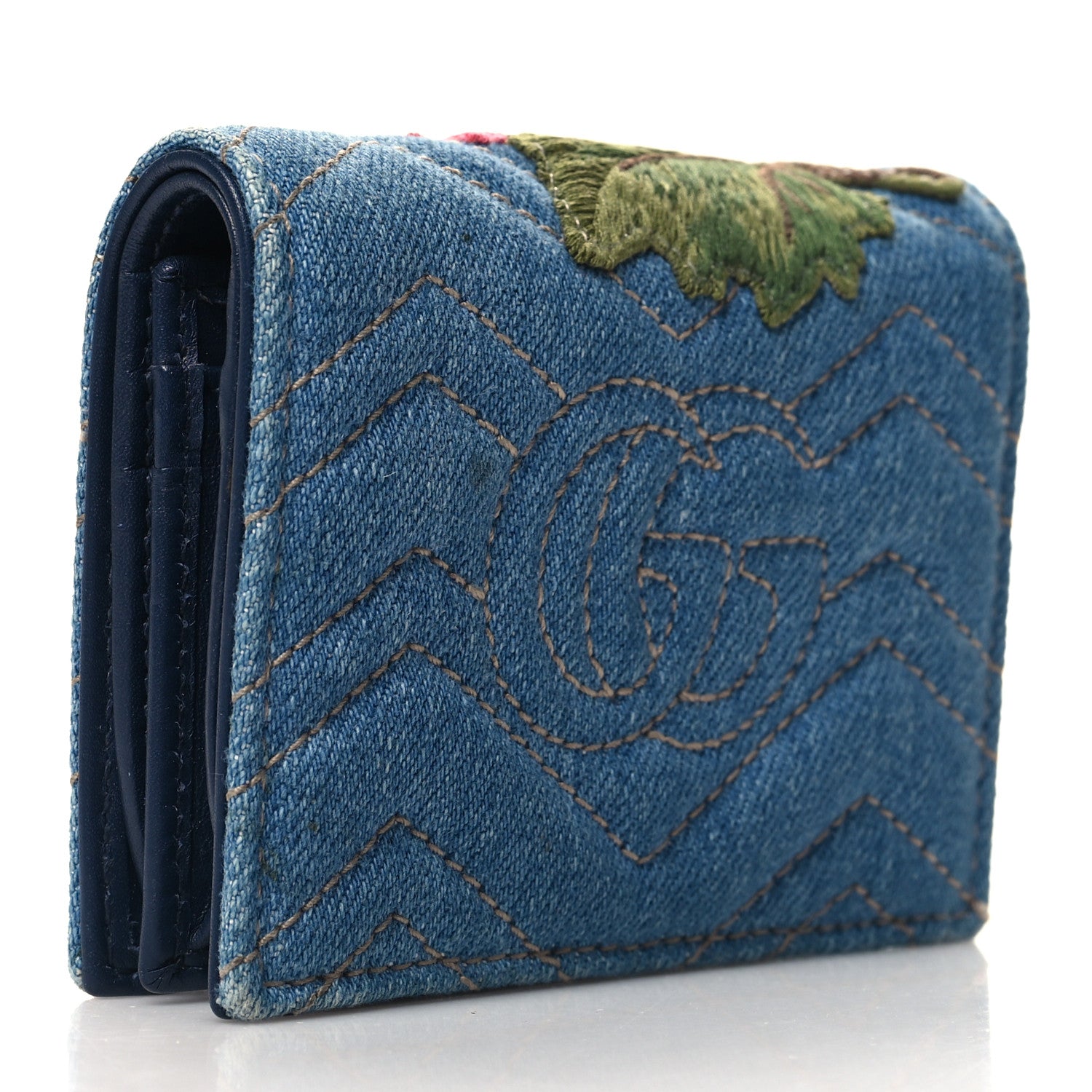 Gucci Denim Matelasse Floral Embroidered GG Marmont Card Case Wallet Blue 3 of 10