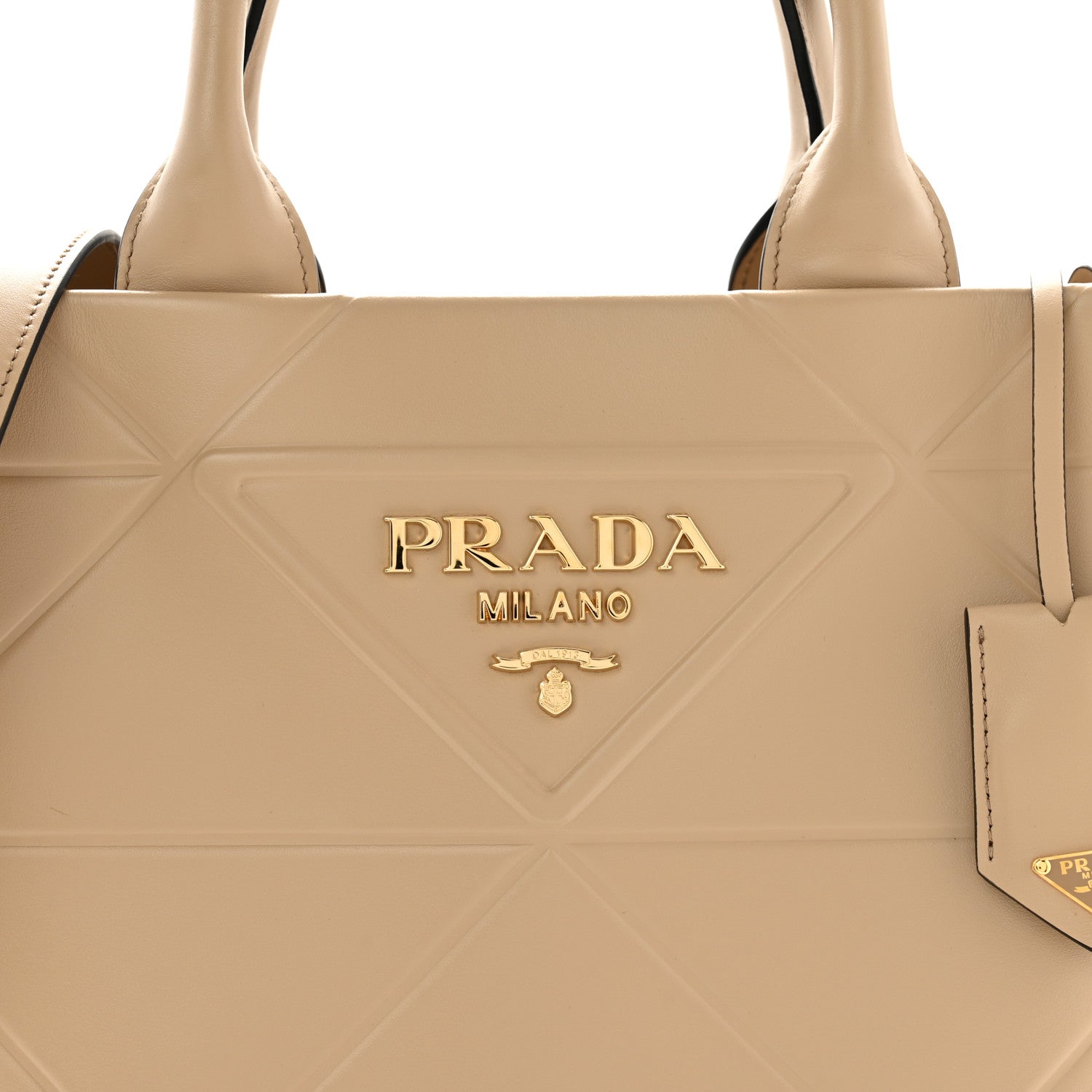 Prada Soft Calfskin Triangolo Symbole Embossed Small Tote Beige Khaki 7 of 9