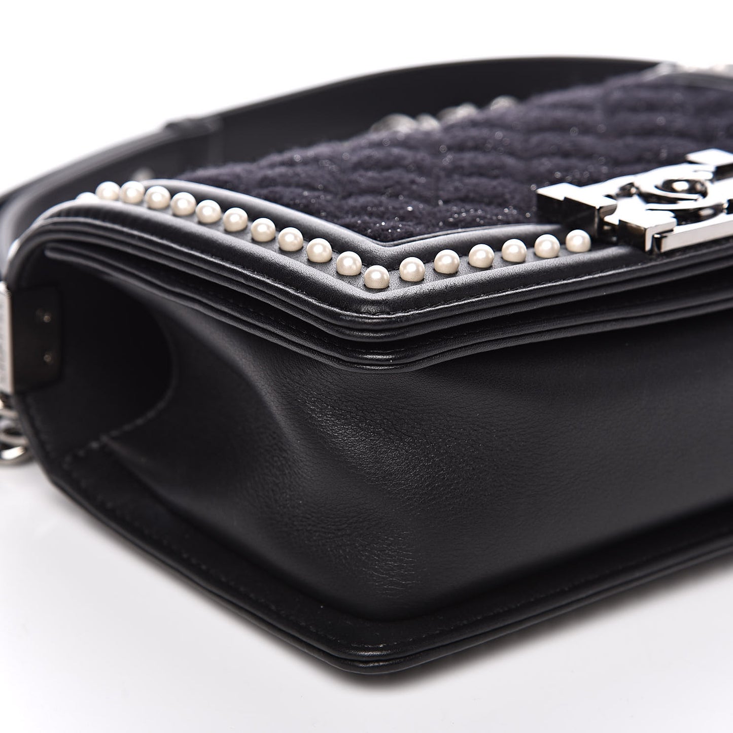 Calfskin Pearl Tweed Small Boy Flap Black