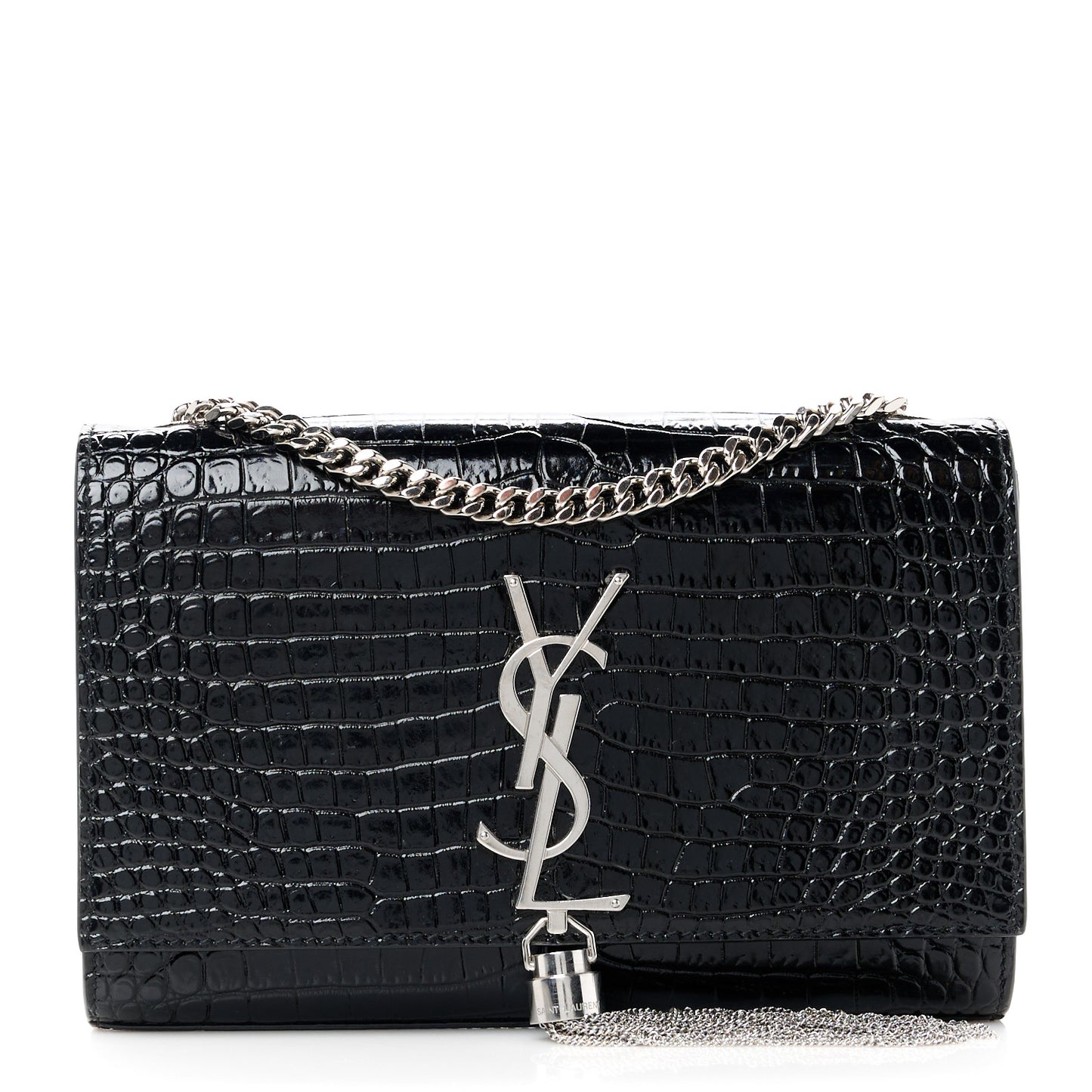 Calfskin Crocodile Embossed Small Classic Monogram Kate Tassel Satchel Black