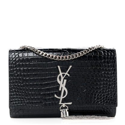 Saint Laurent Calfskin Crocodile Embossed Small Classic Monogram Kate Tassel Satchel Black 1 of 12