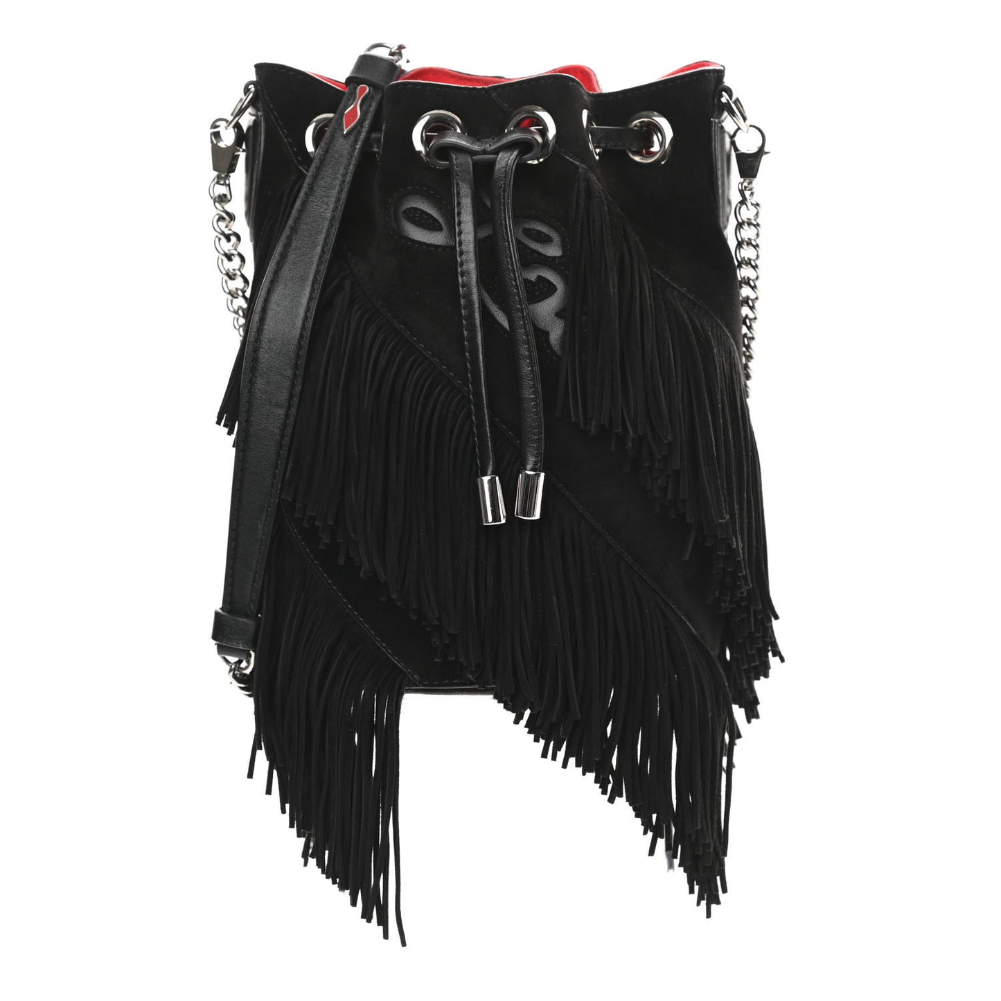Suede Calfskin Fringe Marie Jane Bucket Black