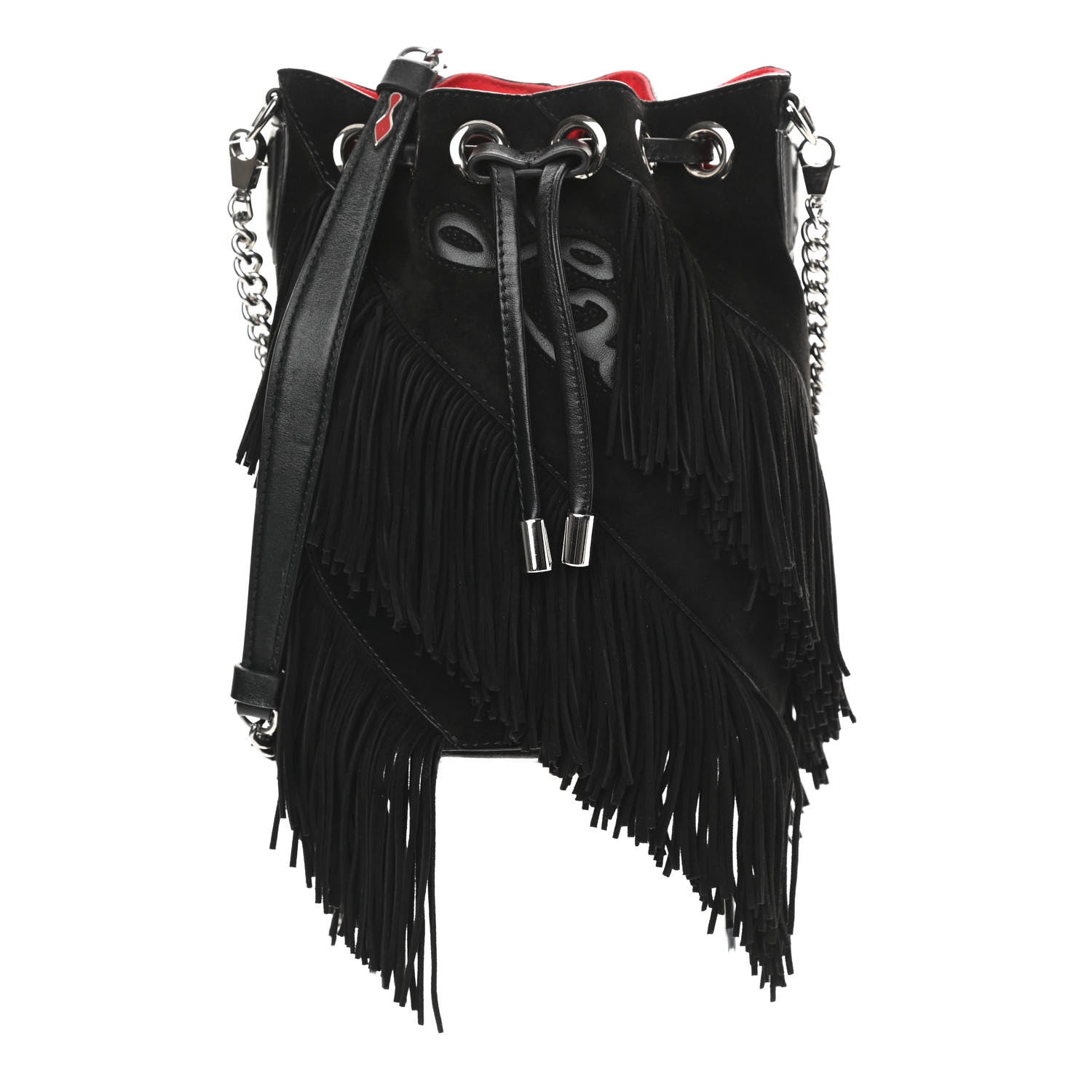 Christian Louboutin Suede Calfskin Fringe Marie Jane Bucket Black 1 of 12
