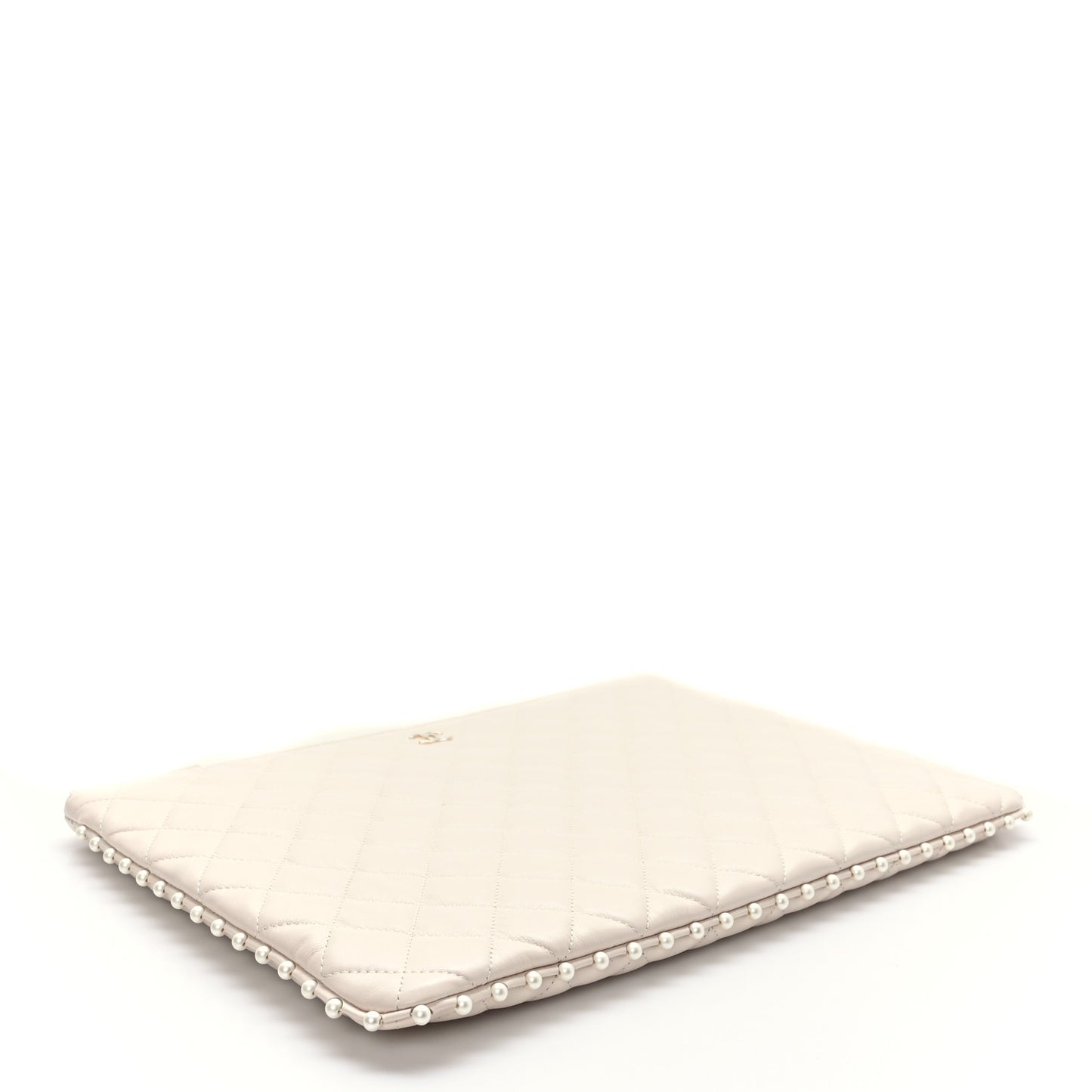 Calfskin Quilted Large Pearl Cosmetic Case Light Beige