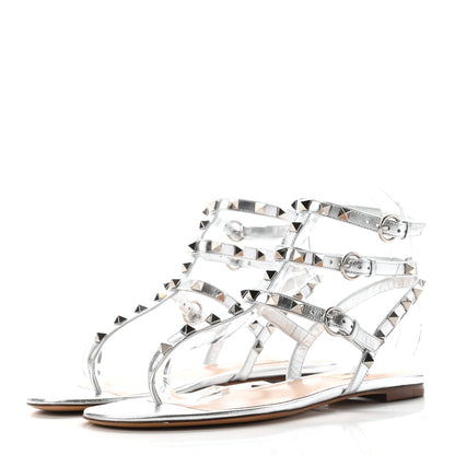 Valentino Garavani Metallic Nappa Rockstud Ankle Wrap Flat Thong Sandals 38 Silver 3 of 9