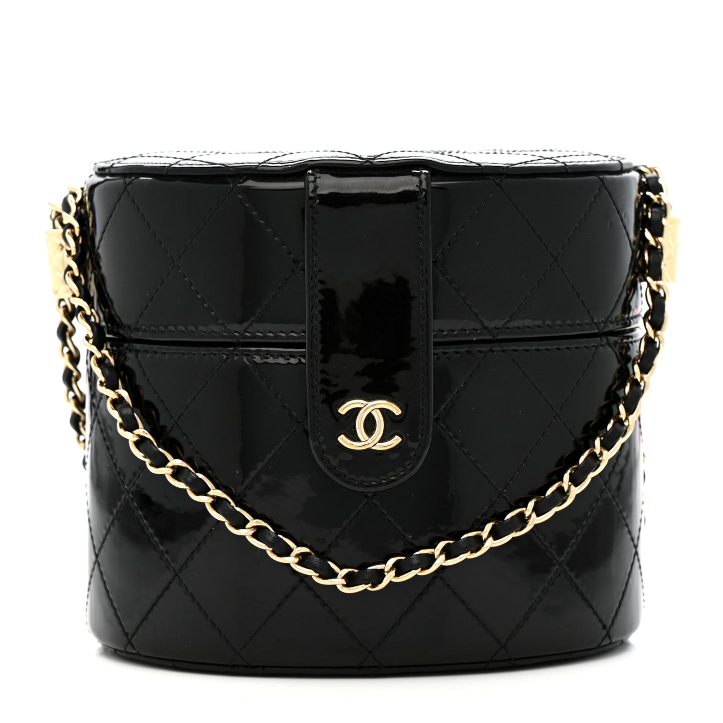 Patent Quilted Round Clutch With Chain Black