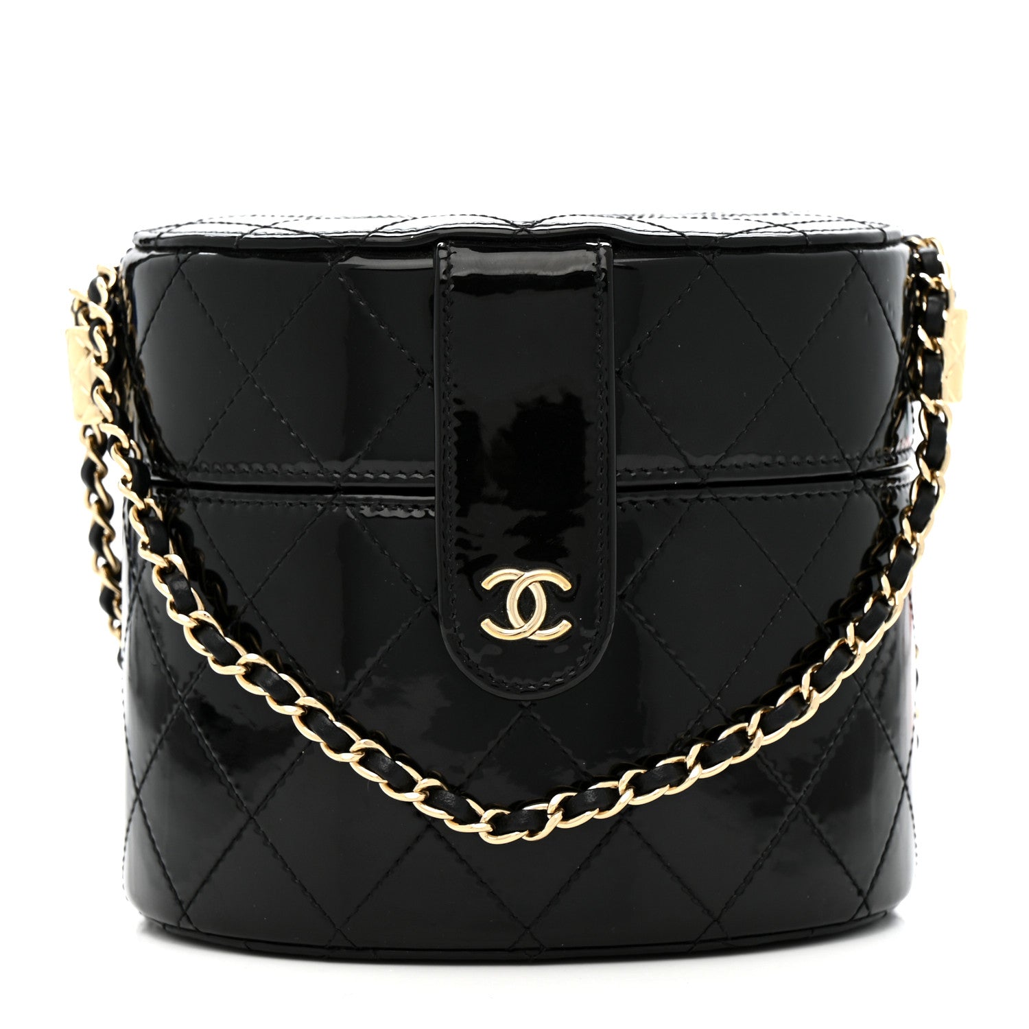 Chanel Patent Quilted Round Clutch With Chain Black 1 of 12