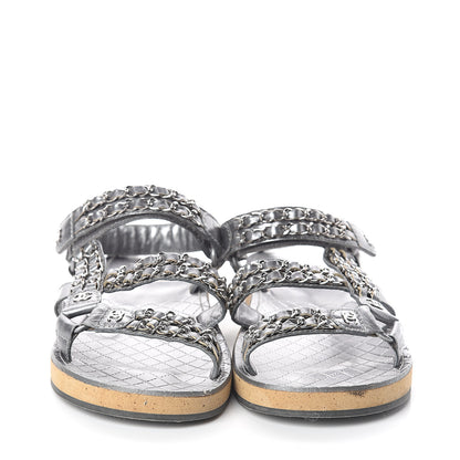 Chanel Metallic Lambskin Chain Sandals 40 Silver 2 of 7