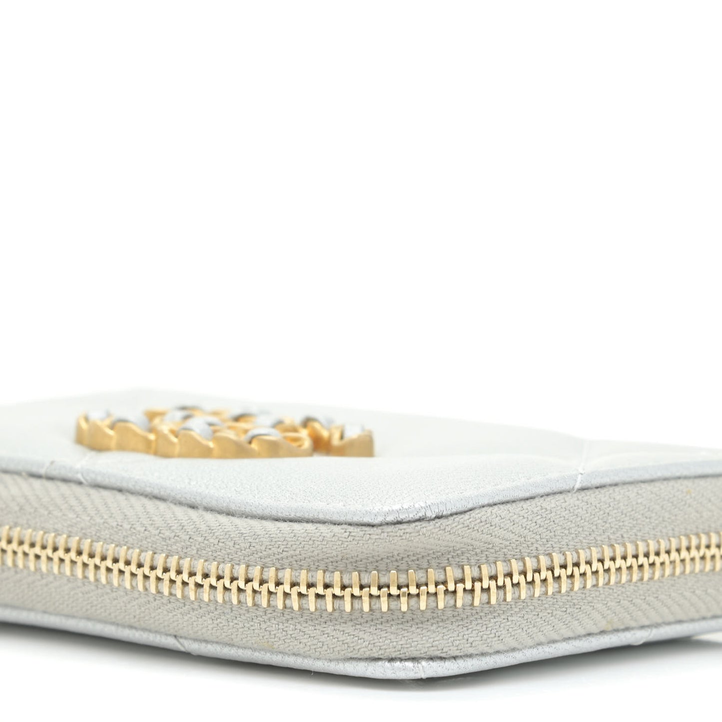 Metallic Lambskin Quilted 19 Zip Around Coin Purse Wallet Silver
